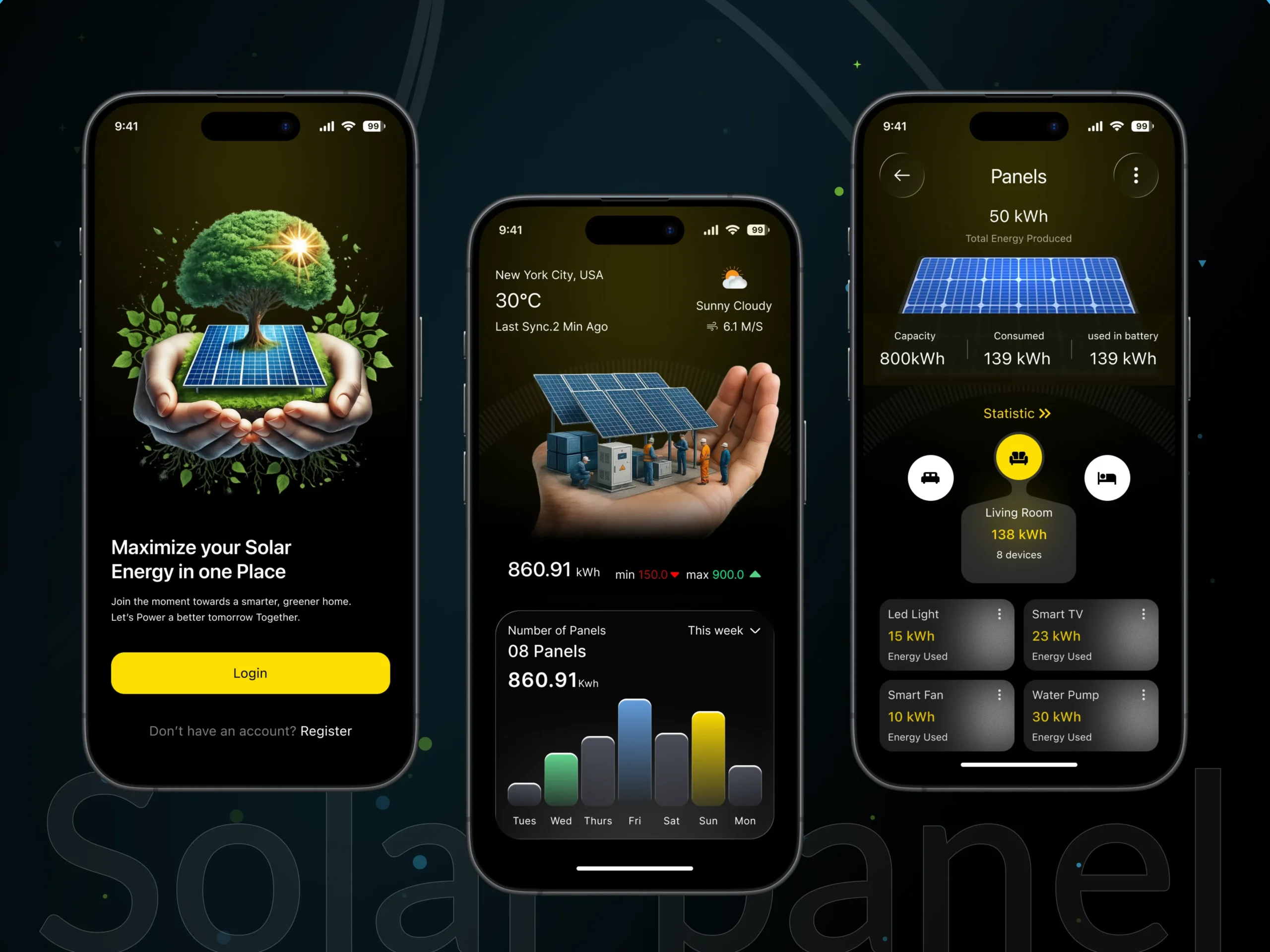 Smartphone displaying solar energy monitoring app for a tiny home system