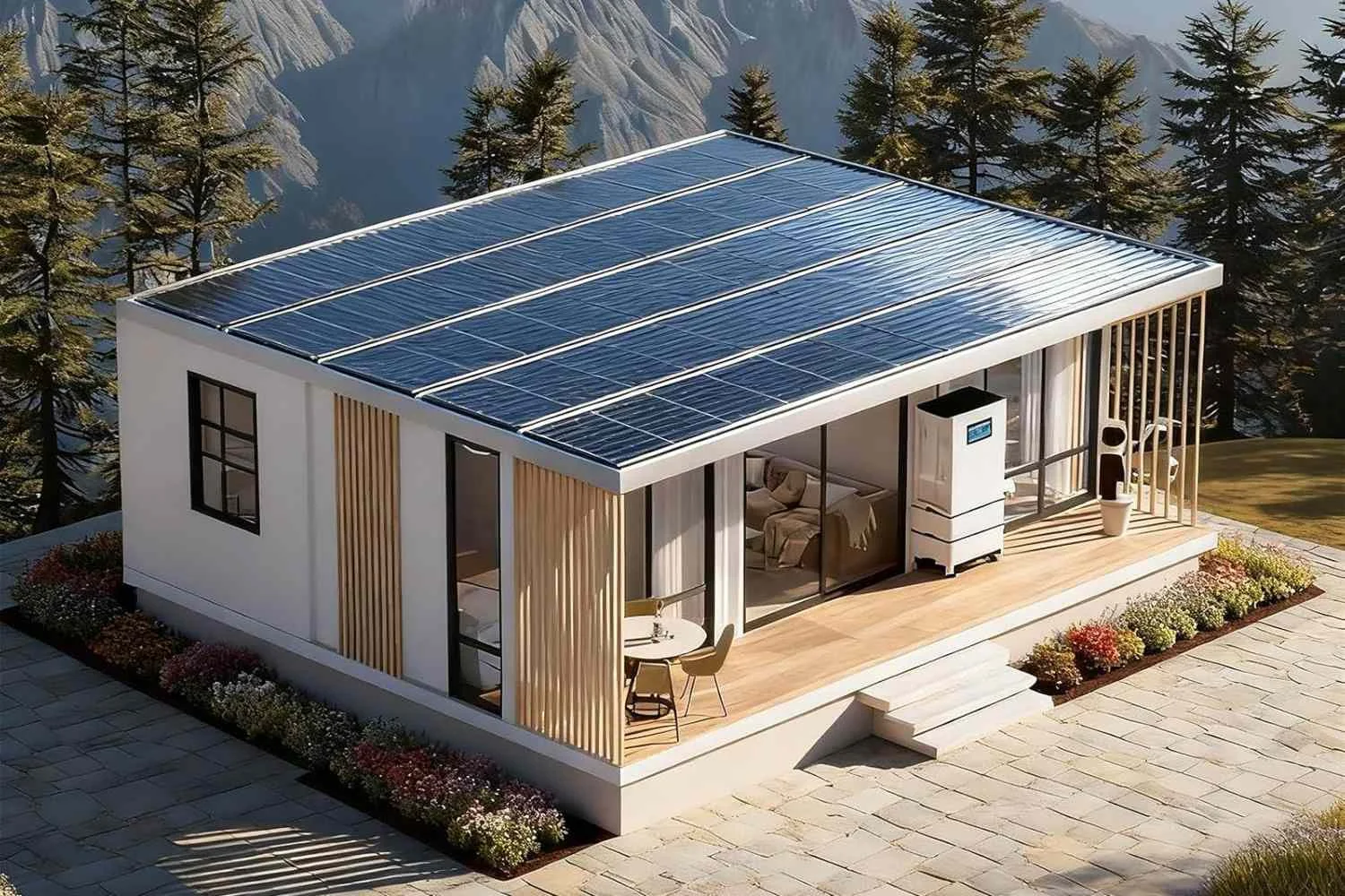 Tiny house powered by solar panels in a natural off-grid setting near a lake