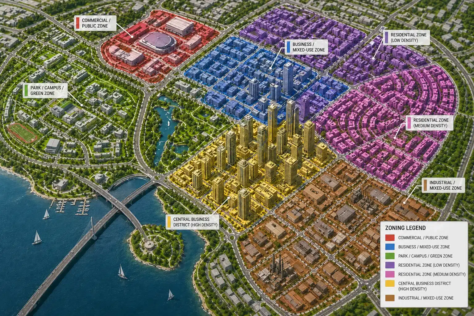 3D isometric urban planning map showing a city divided into color-coded zones including commercial, residential, business, industrial, green areas, with roads, bridge, and waterfront