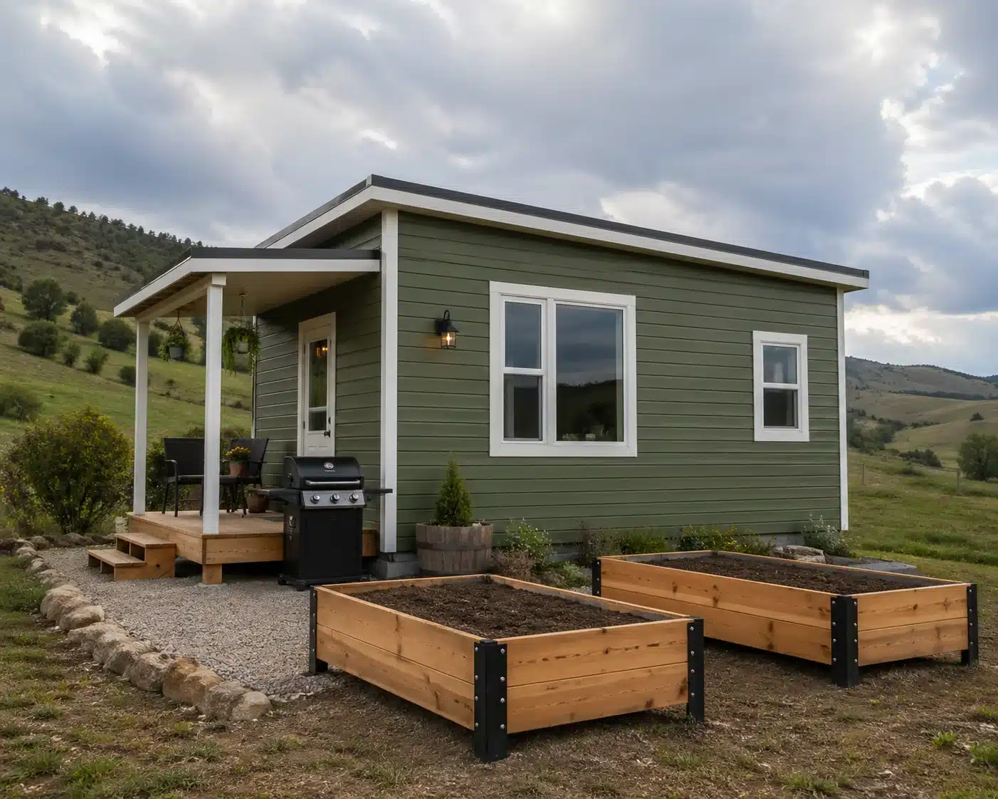 Small modern green tiny house with white trim in a peaceful rural hilly landscape, featuring raised garden beds and a barbecue grill near a covered porch