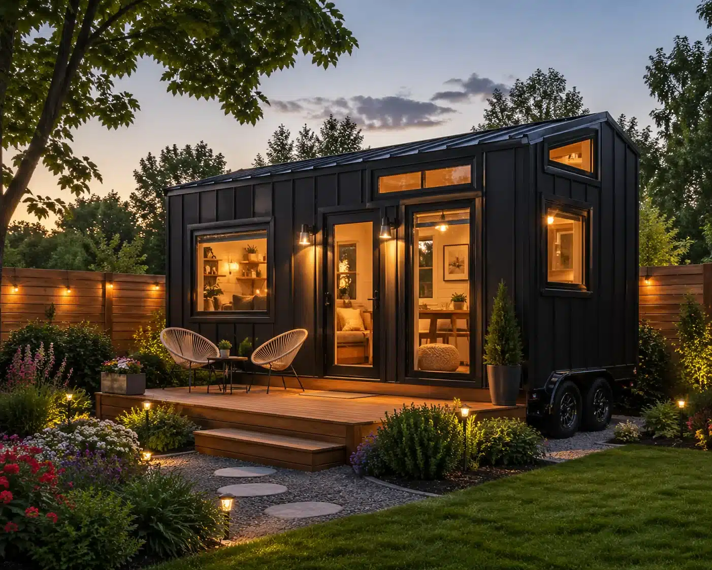 Modern black tiny house on wheels with large glowing windows, cozy wooden deck with chairs, and a beautifully landscaped garden at sunset