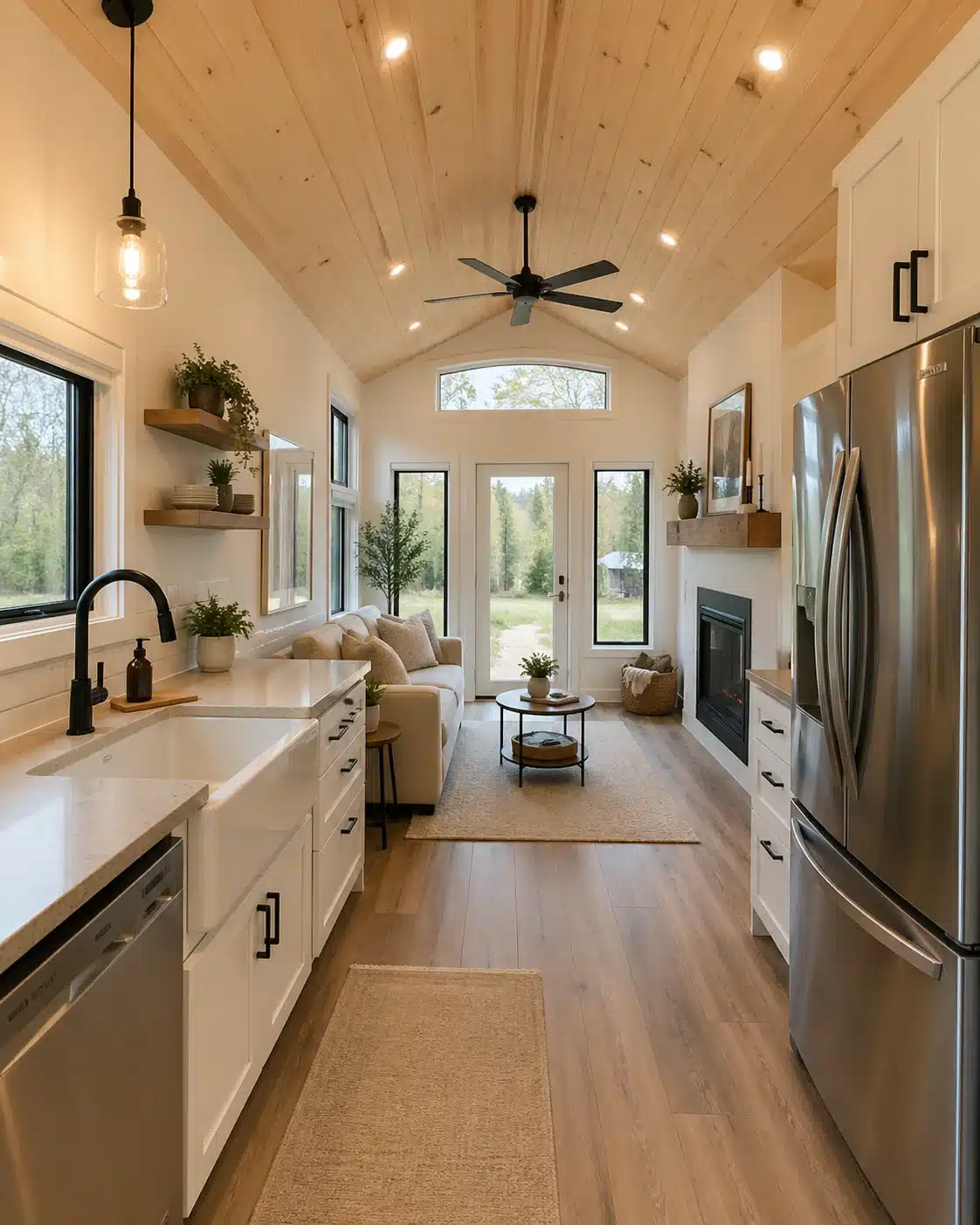 Modern tiny house interior with open-concept layout, white kitchen cabinets, farmhouse sink, stainless steel fridge, high wood ceiling, cozy sofa, large windows, and fireplace filled with natural light