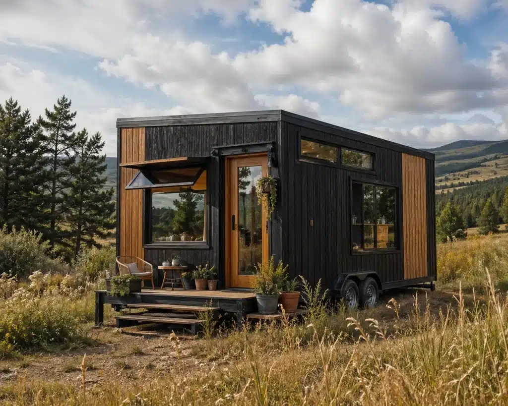 Modern tiny house on wheels in a natural rural landscape with wooden exterior and large windows