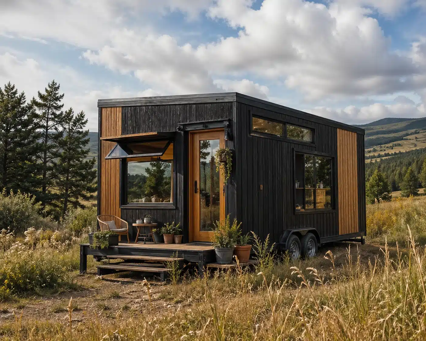 Modern tiny house on wheels in a natural rural landscape with wooden exterior and large windows