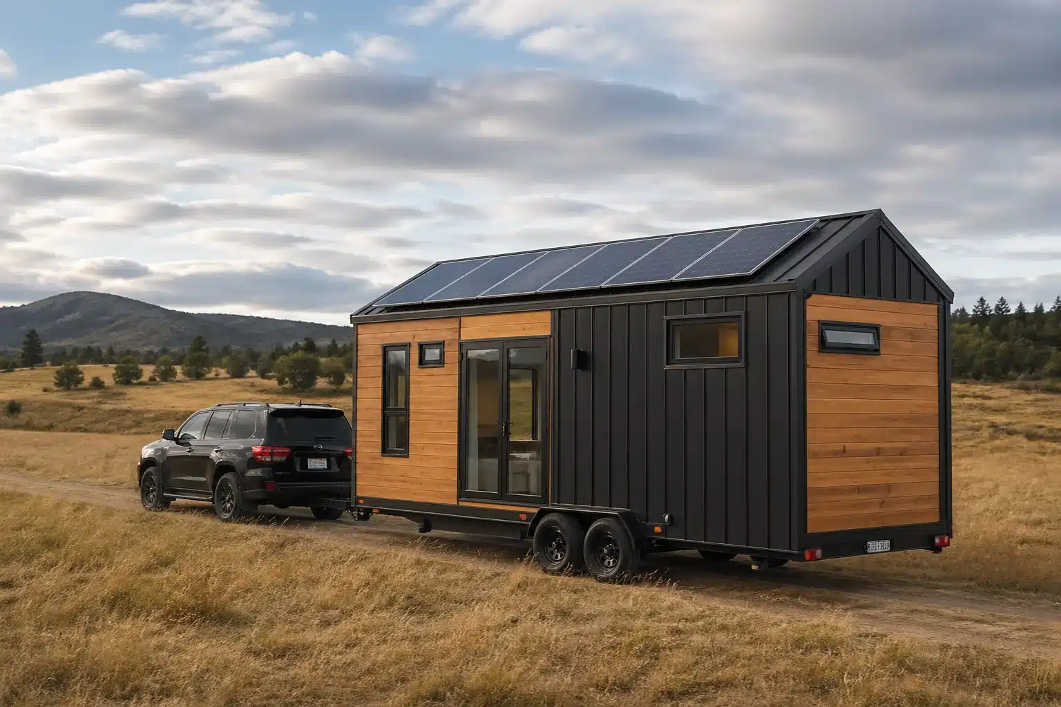 Modern tiny house on wheels being towed by a black SUV through a grassy field, featuring solar panels and eco-friendly off-grid design