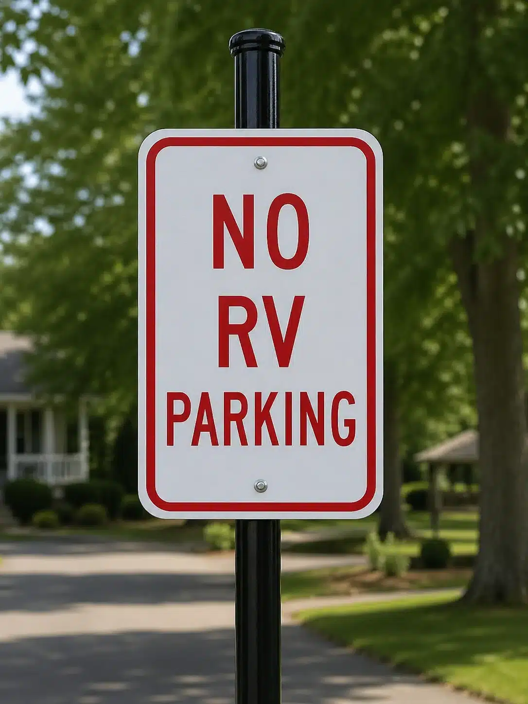 White rectangular street sign with red border and red text “NO RV PARKING” mounted on a black pole, with blurred green trees in the background.