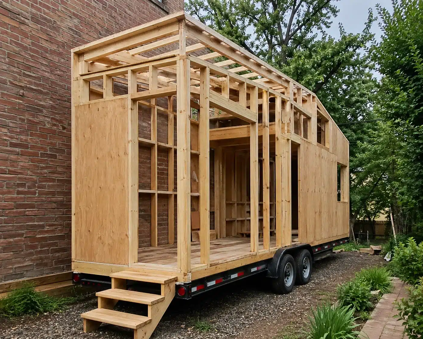 Tiny house under construction on a dual axle trailer with exposed wooden frame and unfinished roof in a backyard setting