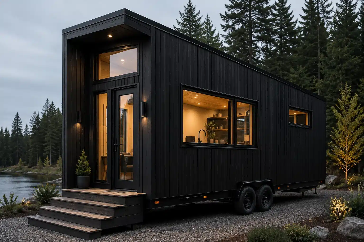Modern black prefab tiny house on wheels with minimalist exterior design