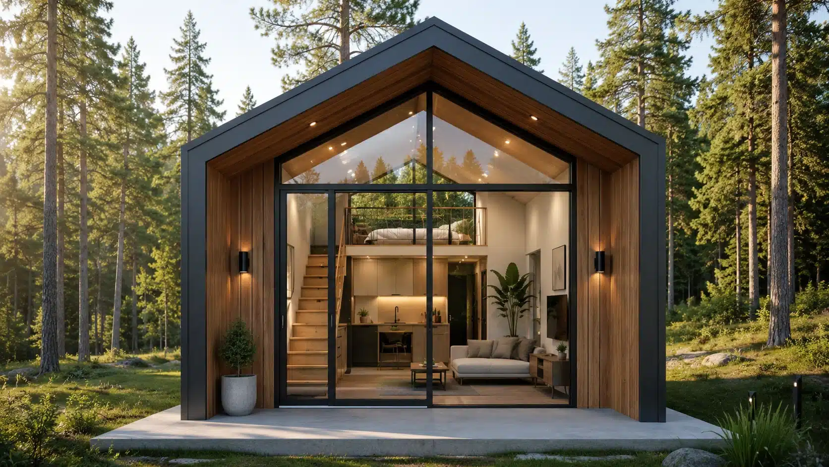 Modern prefab tiny home with floor-to-ceiling glass front and loft interior in forest setting