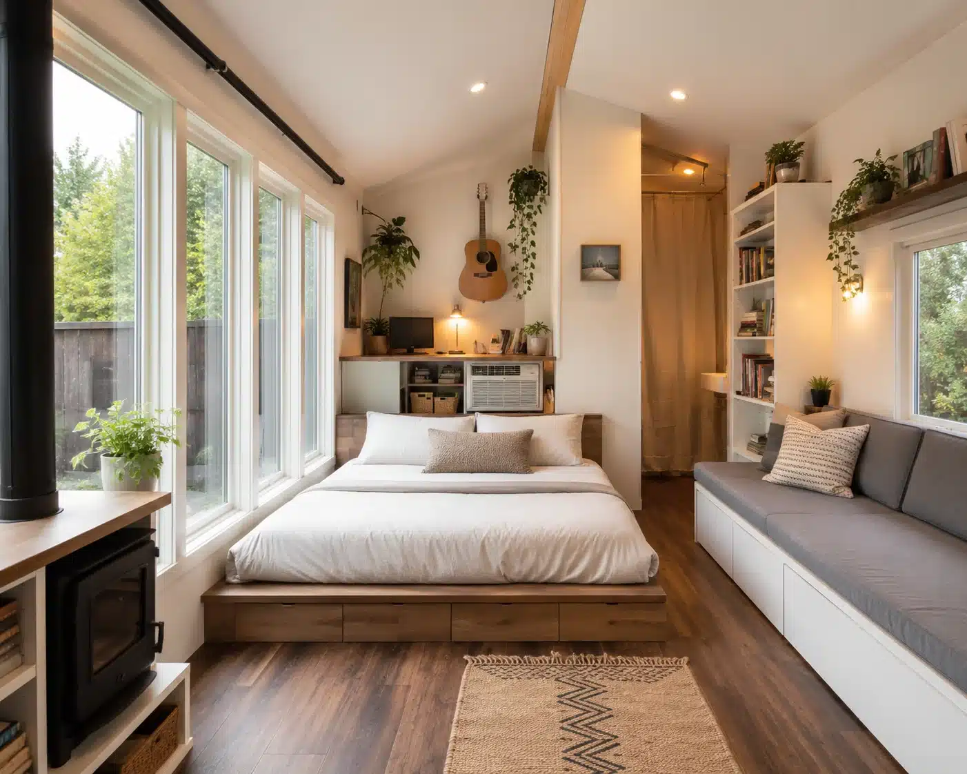 Bright minimalist tiny home interior with platform bed, large windows, and smart storage