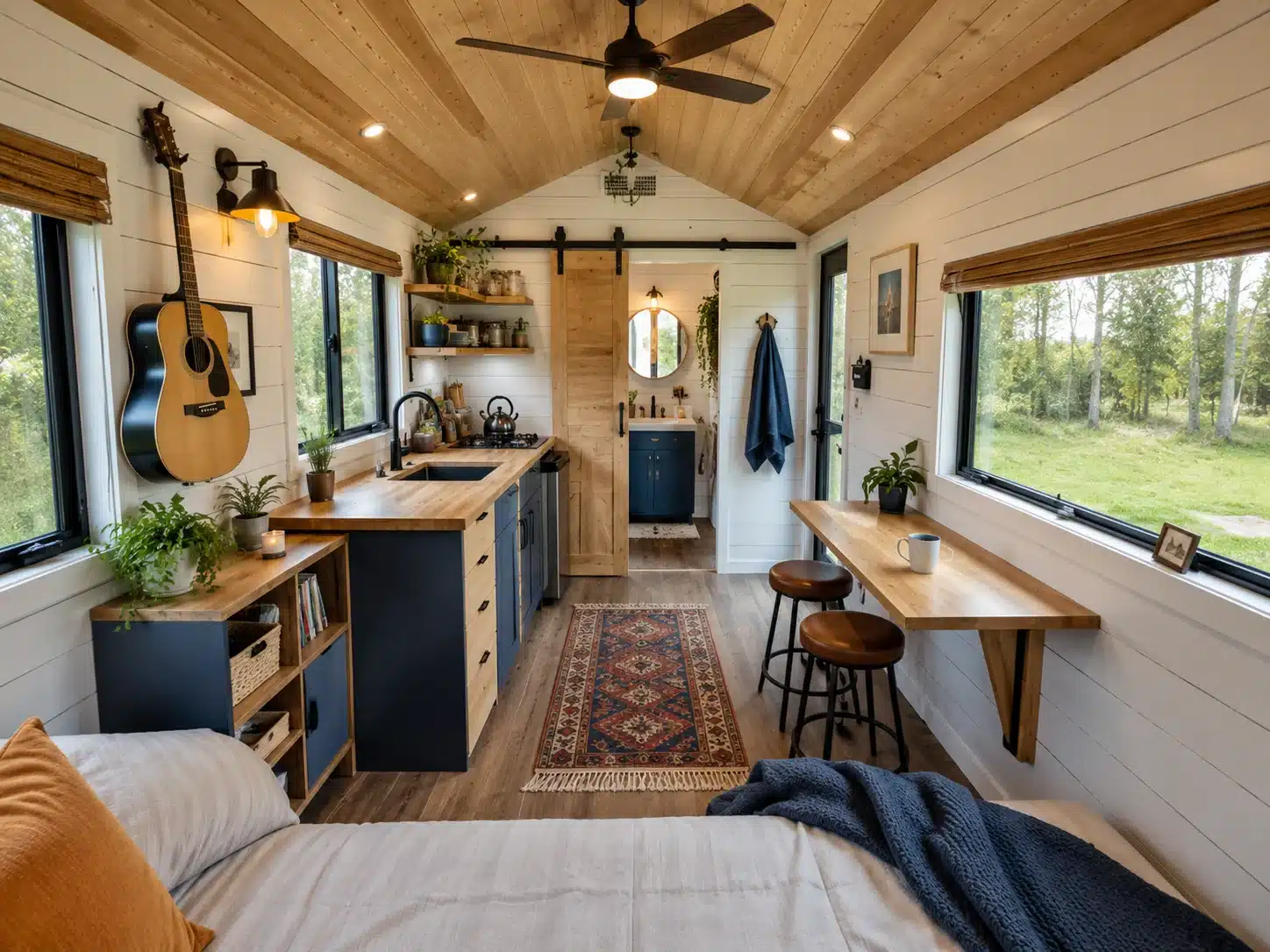 Compact tiny house interior with blue kitchen cabinets, fold-down dining table, and smart storage