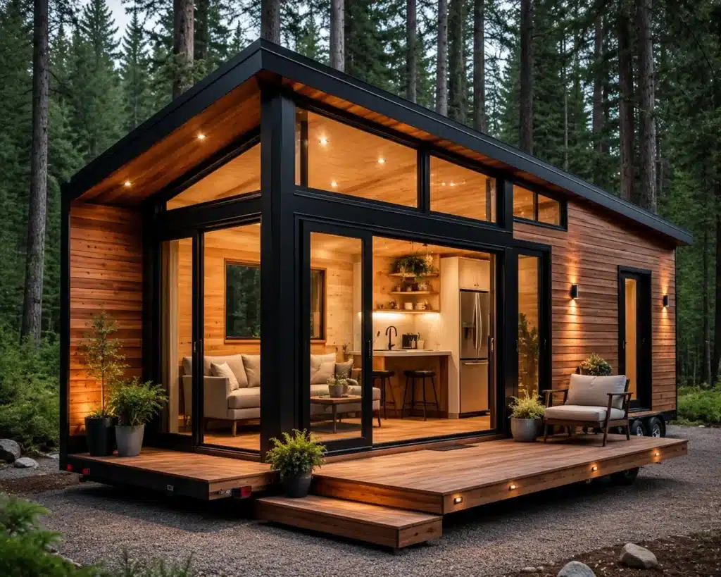 Modern prefab tiny home exterior surrounded by forest with glass walls and wooden deck
