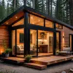 Modern prefab tiny home exterior surrounded by forest with glass walls and wooden deck
