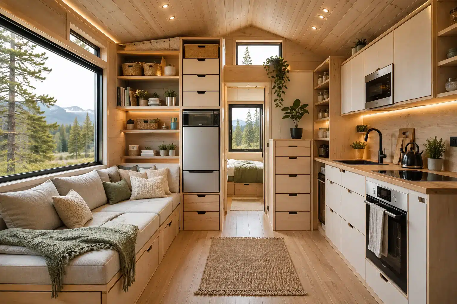 Tiny home interior with built-in storage, compact kitchen, and modern minimalist furniture