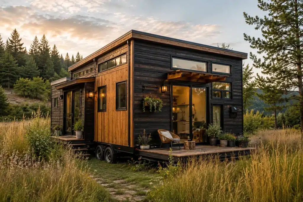 Modern tiny house on wheels in a peaceful natural landscape surrounded by trees