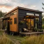 Modern tiny house on wheels in a peaceful natural landscape surrounded by trees