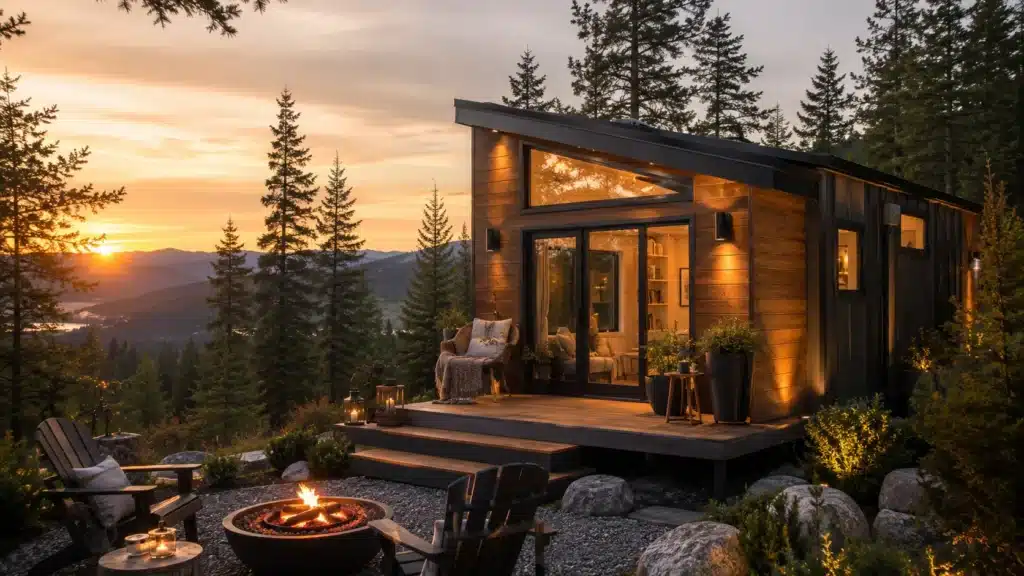 Luxury tiny house in nature at sunset showing profitable tiny house lifestyle in 2026