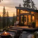 Luxury tiny house in nature at sunset showing profitable tiny house lifestyle in 2026
