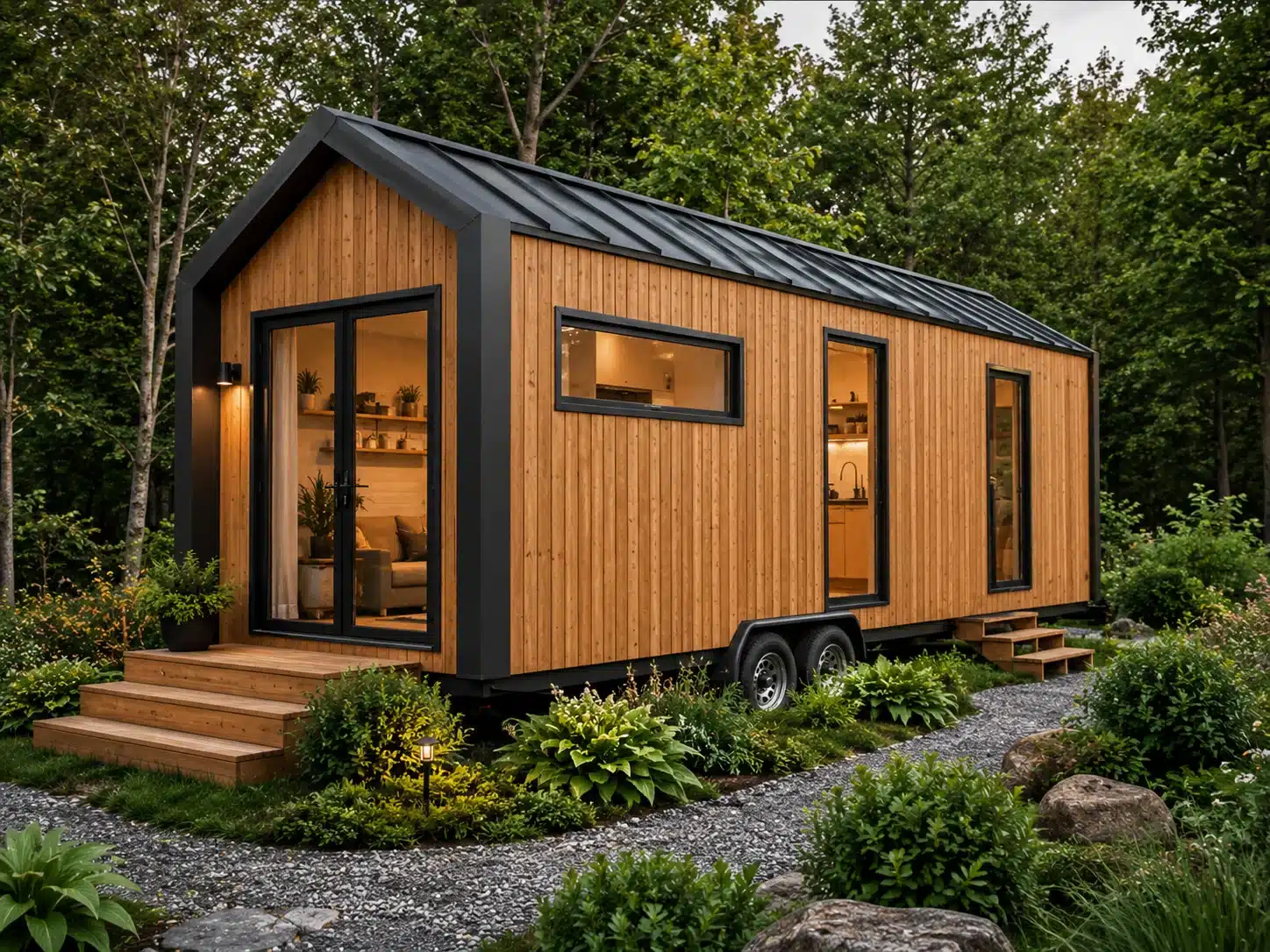 Modern mobile tiny home with wood exterior surrounded by lush greenery in a natural setting