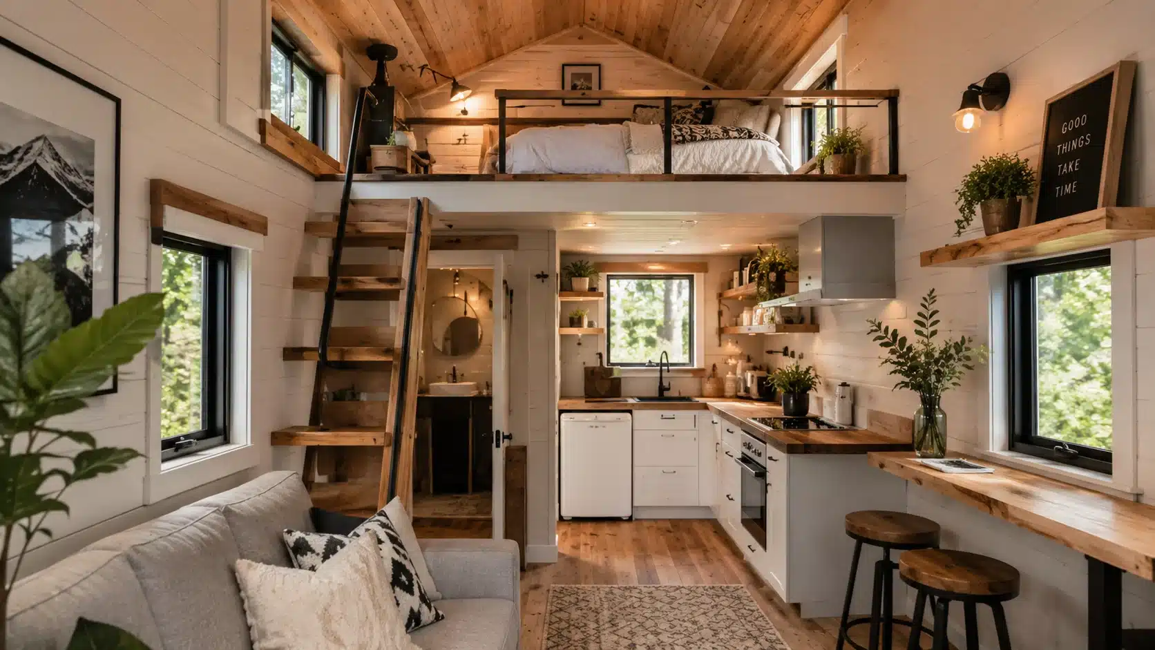 Modern tiny house Airbnb interior designed for short term rental income