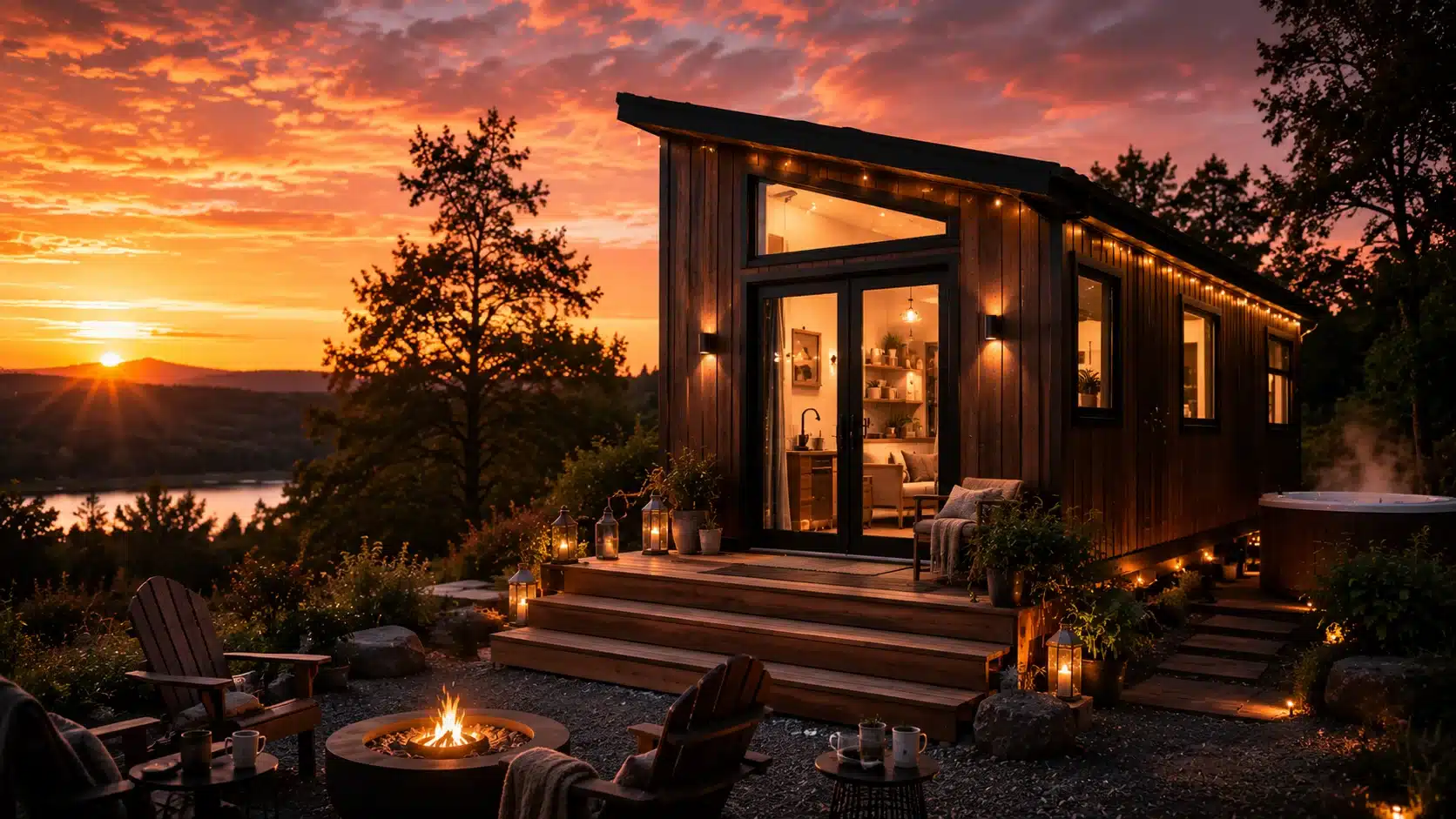 Dreamy luxury tiny house at sunset representing profitable tiny house investment lifestyle