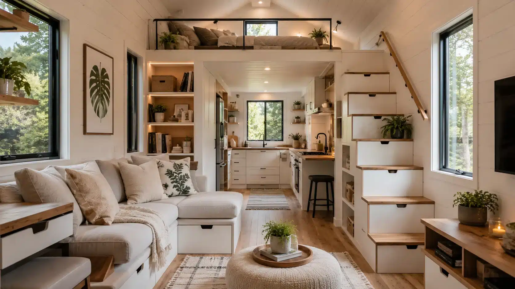 Luxury tiny house interior with smart storage and Scandinavian modern design