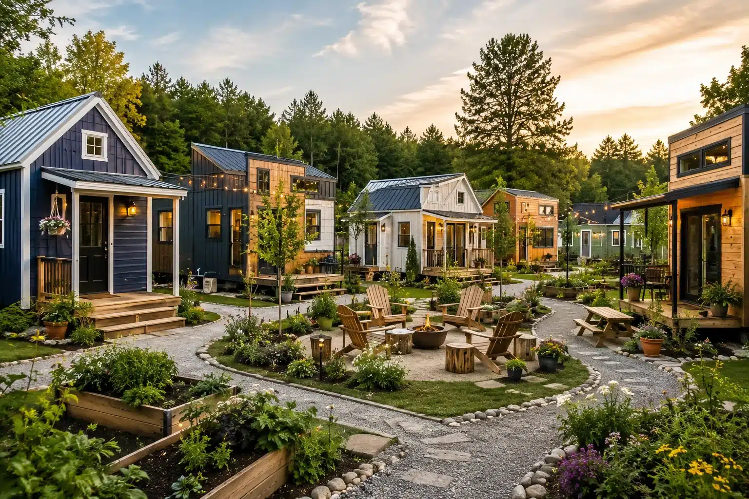 Modern tiny home community with small houses, landscaped walkways, and shared outdoor spaces