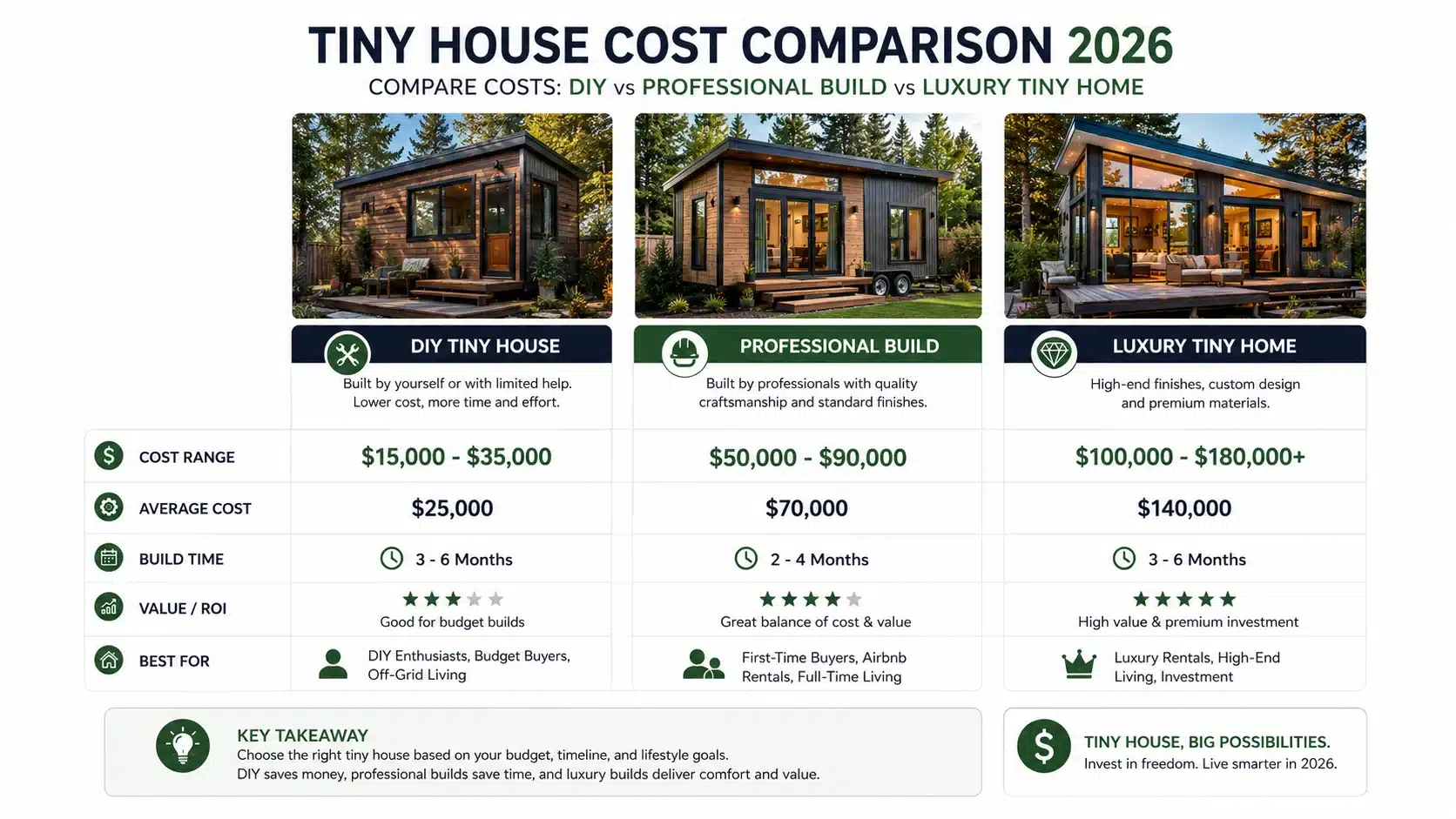 Tiny house cost comparison infographic for DIY professional and luxury builds in 2026