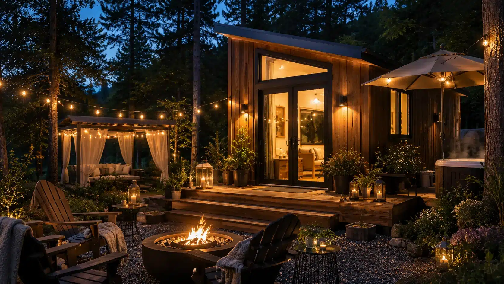 Luxury tiny house glamping setup in forest with fire pit and outdoor seating