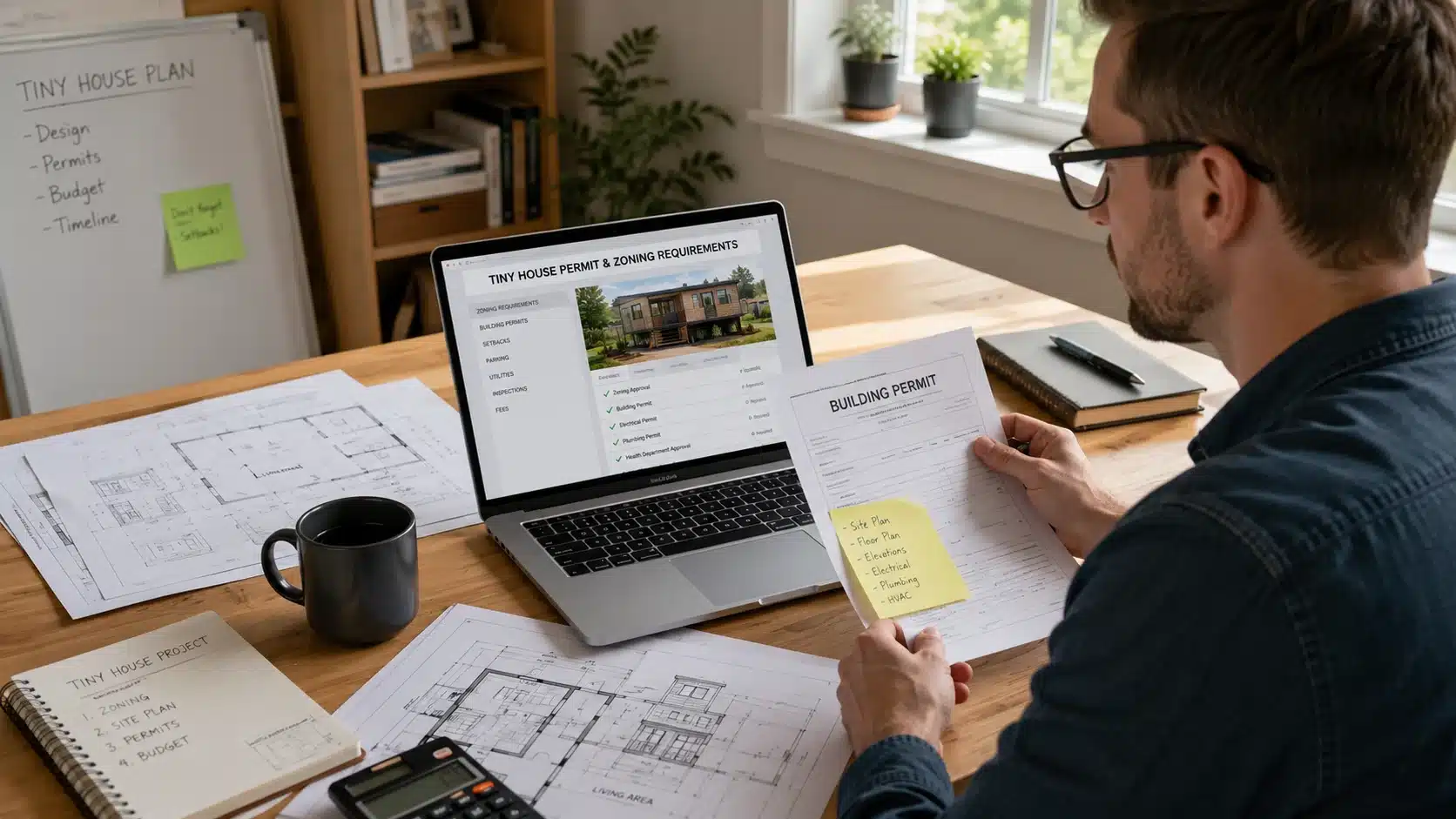 Homeowner reviewing tiny house permits zoning paperwork and building plans