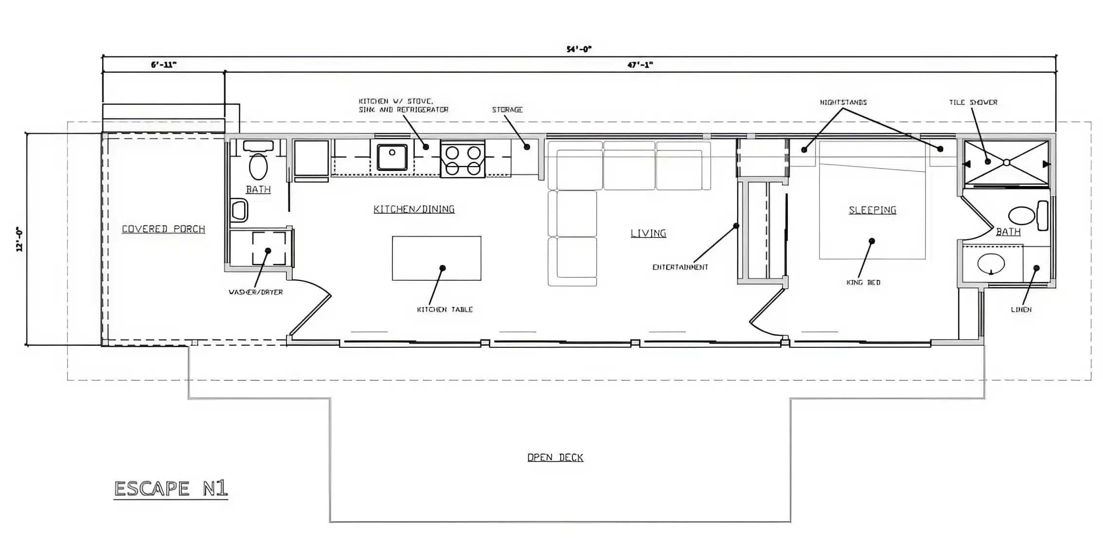 N1 Tiny Home floor plan showing the kitchen, living room, king bedroom, two bathrooms, covered porch, and outdoor deck