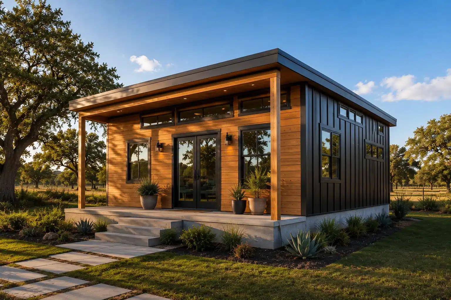 Modern tiny house built on a permanent foundation in Texas