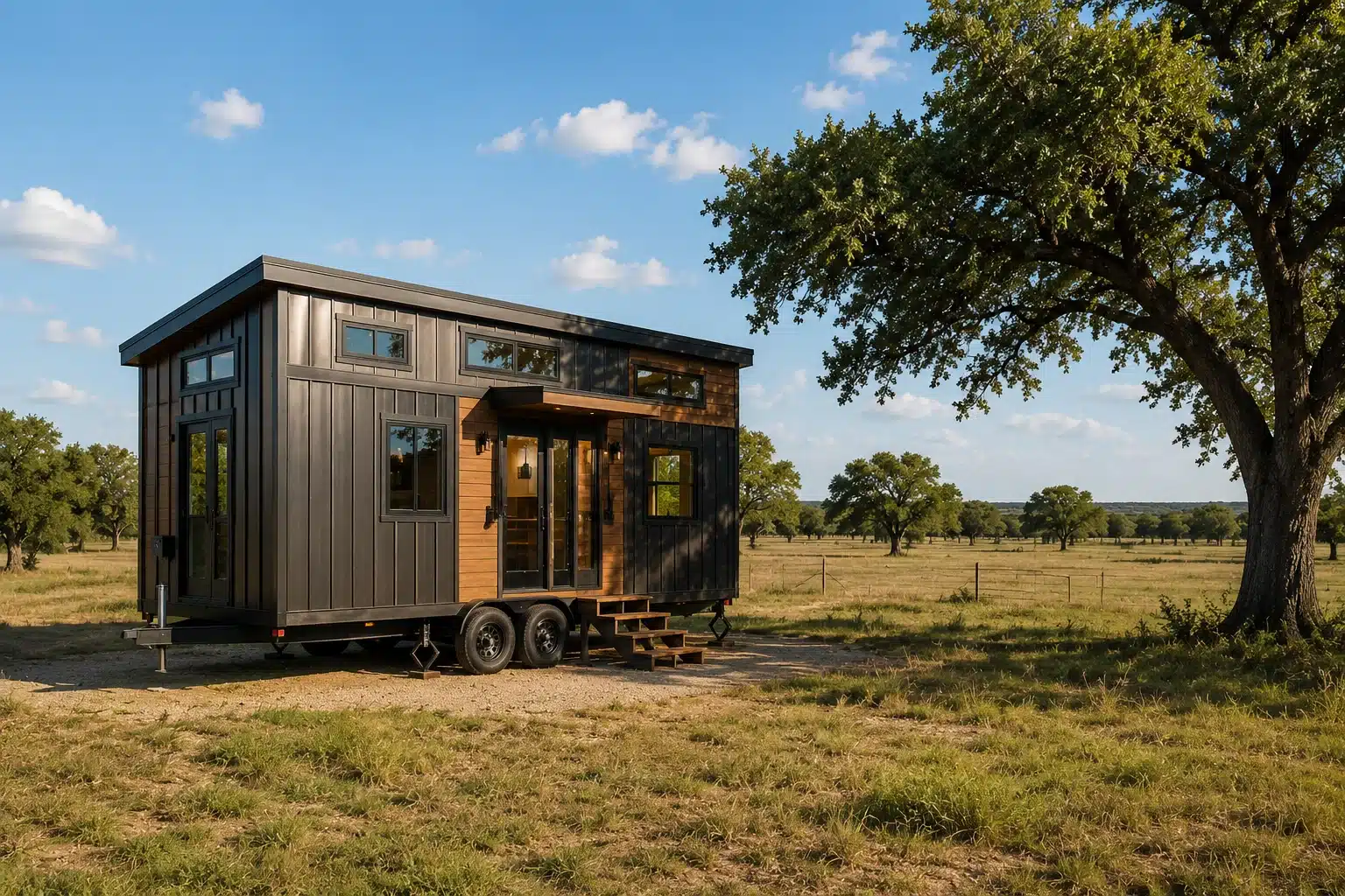 Tiny house on wheels parked on private land in Texas