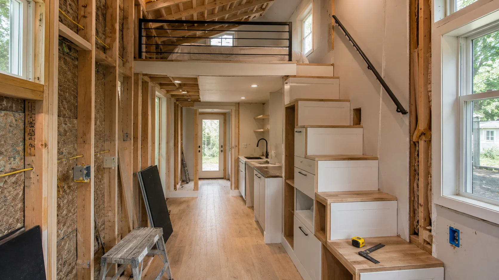Tiny house stairs and loft built to residential standards