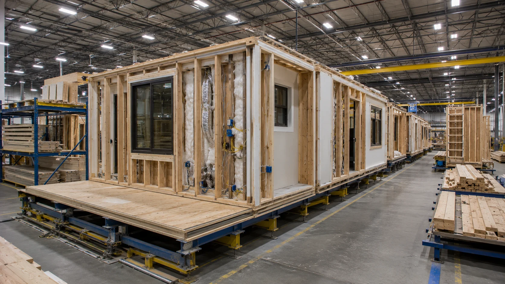 Modular small home under construction in a Texas factory