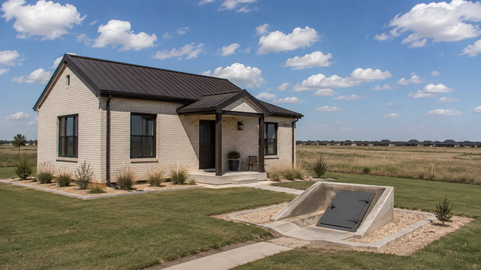 Permanent Oklahoma tiny house with a nearby storm shelter