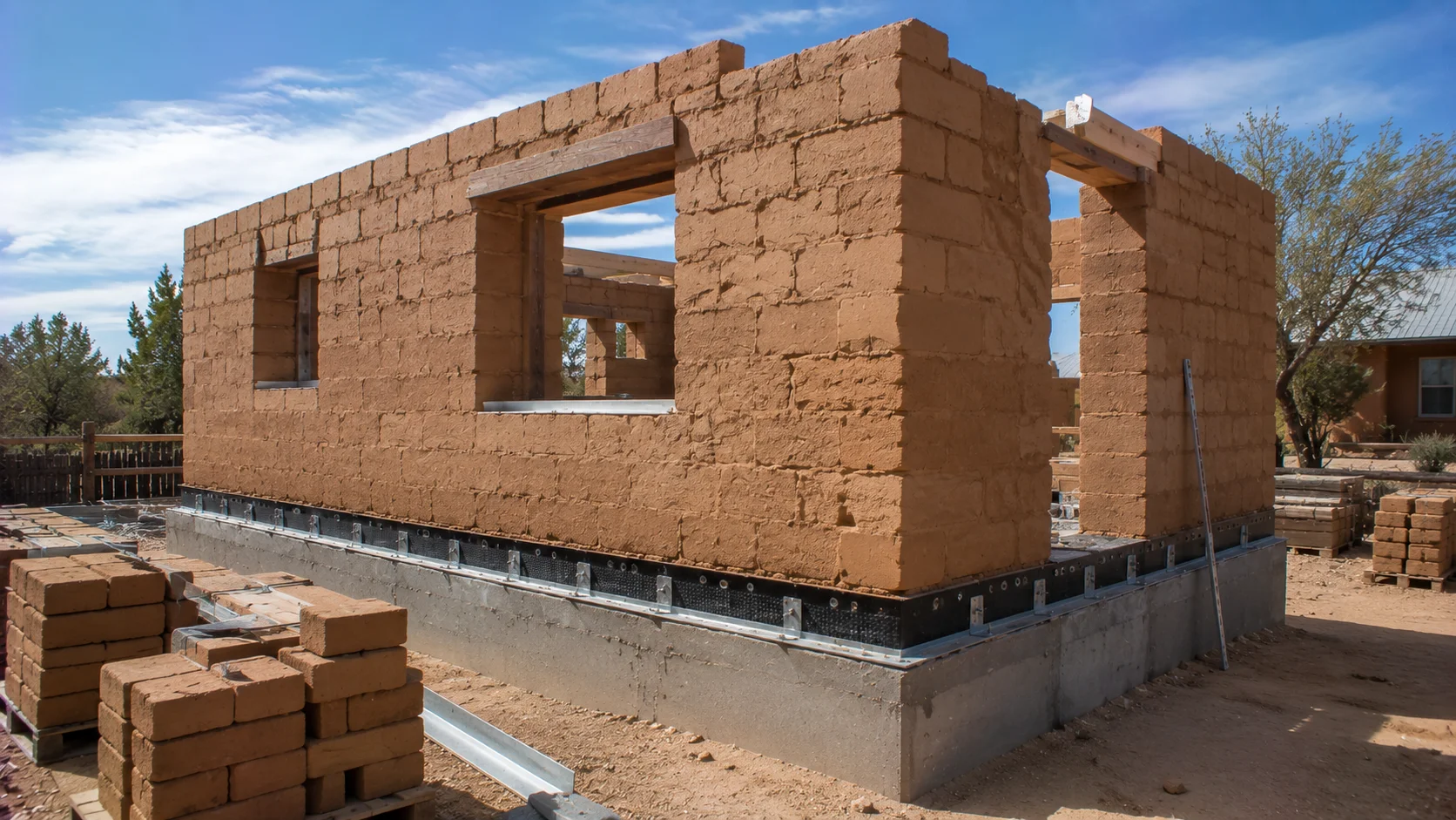 Tiny house foundation and earthen wall construction in New Mexico