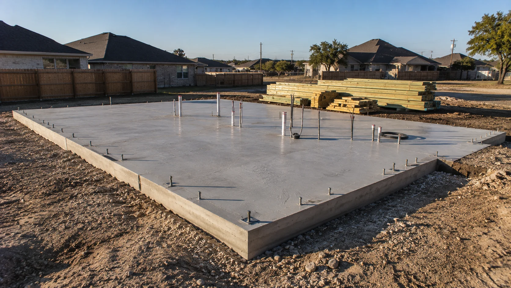 Concrete slab foundation prepared for a Texas tiny house