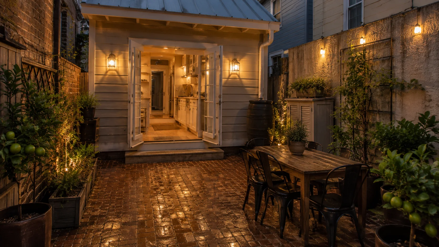 Courtyard of a Louisiana tiny house for full-time living