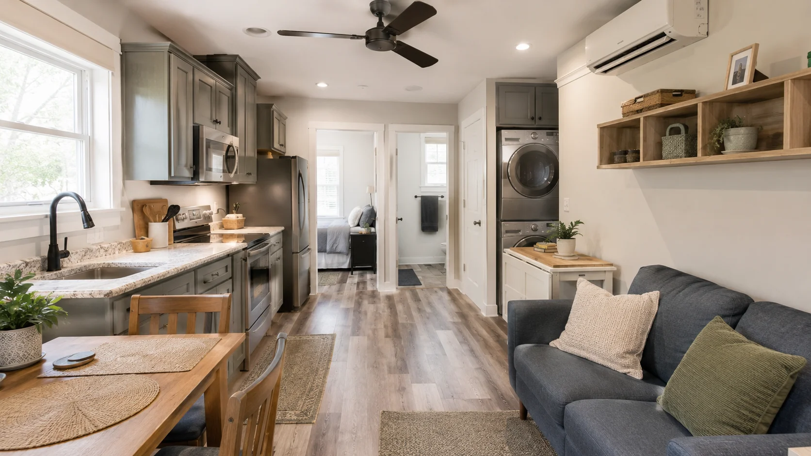 Practical interior of a tiny house for full-time living