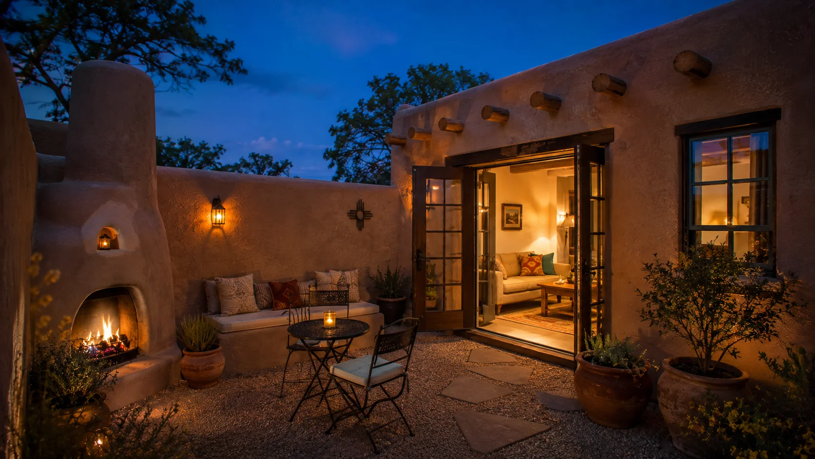 Private courtyard of a New Mexico tiny house at dusk