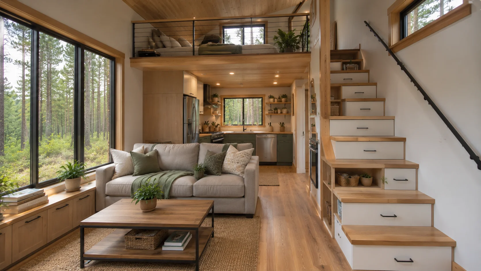 Interior of a tiny house designed for full-time living