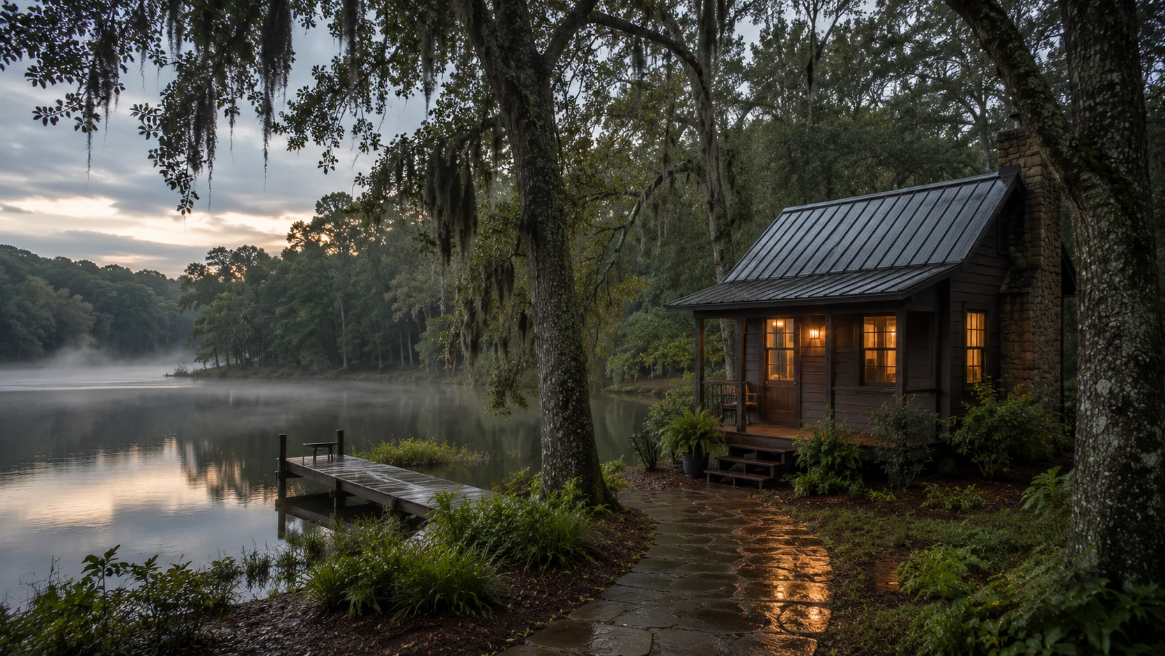 Tiny house beside a peaceful lake in Alabama