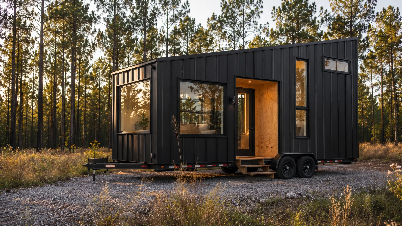 Modern tiny house on wheels in rural Georgia