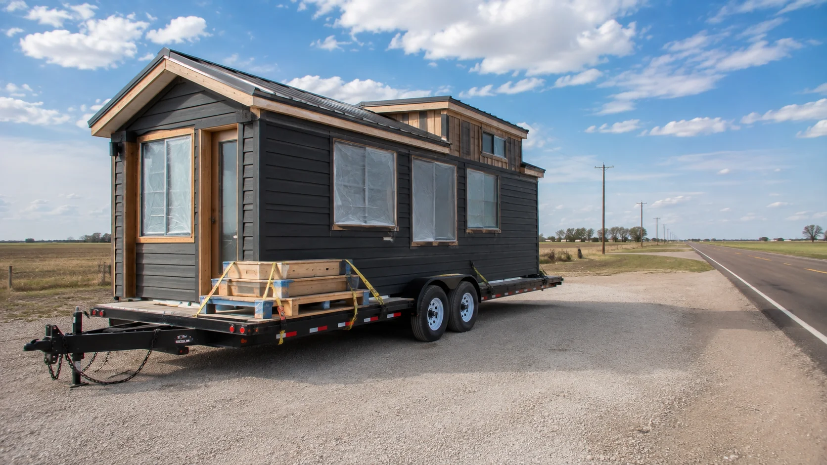 Tiny house on wheels prepared for transport in Oklahoma