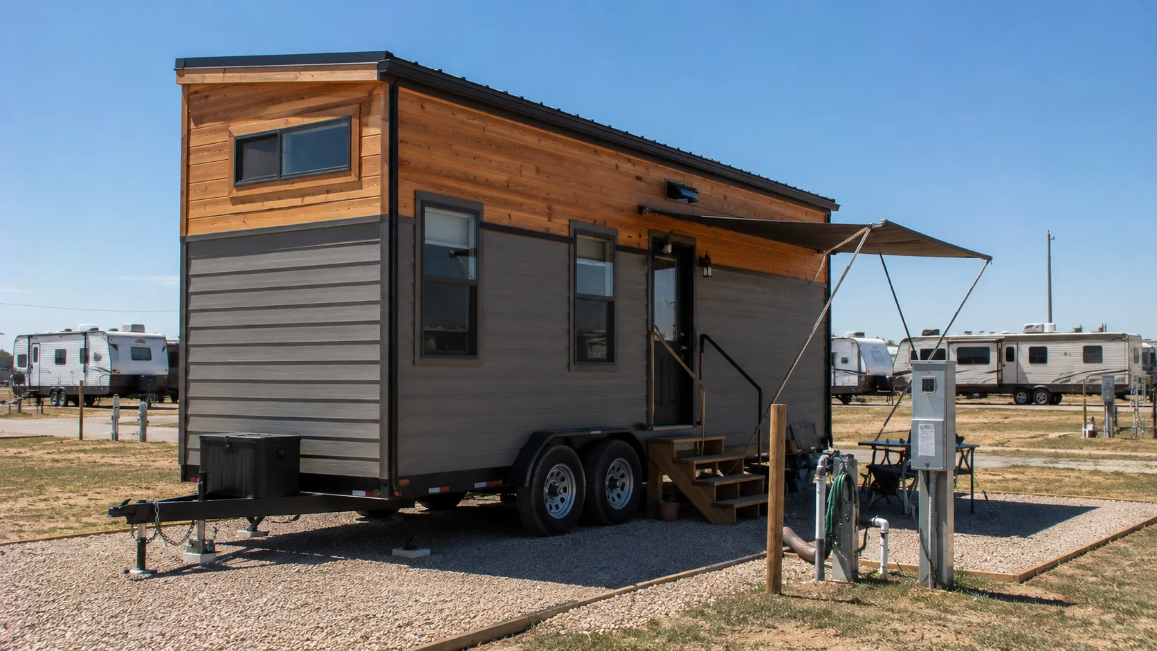 Tiny house on wheels at a long-term RV site in Texas