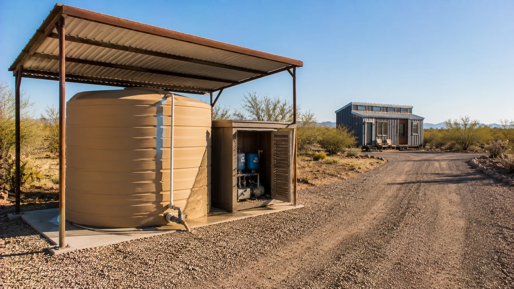 Hauled-water storage system for a rural Arizona tiny house