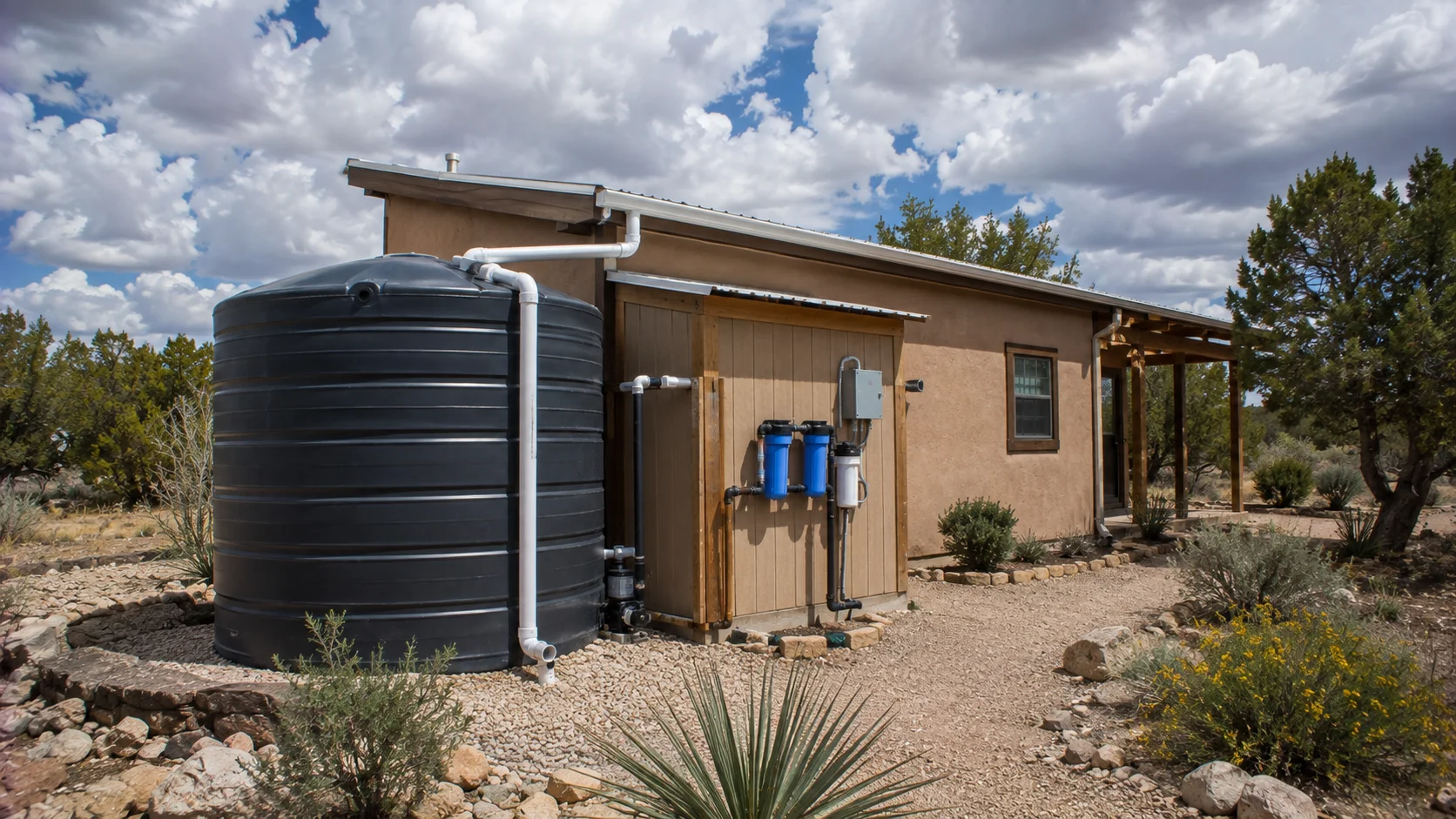 Water storage system beside a rural New Mexico tiny house