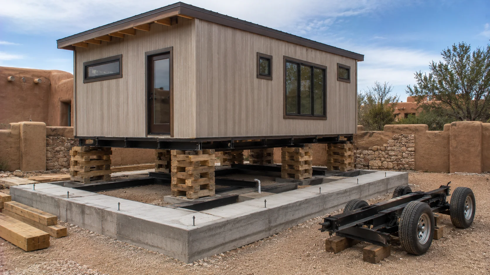 Tiny house being converted from wheels to a permanent foundation in New Mexico