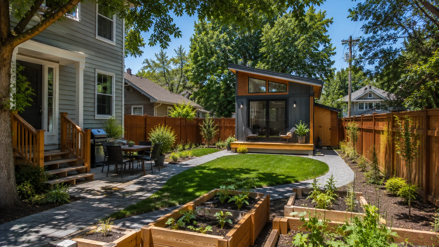 Tiny house ADU in an Idaho city backyard